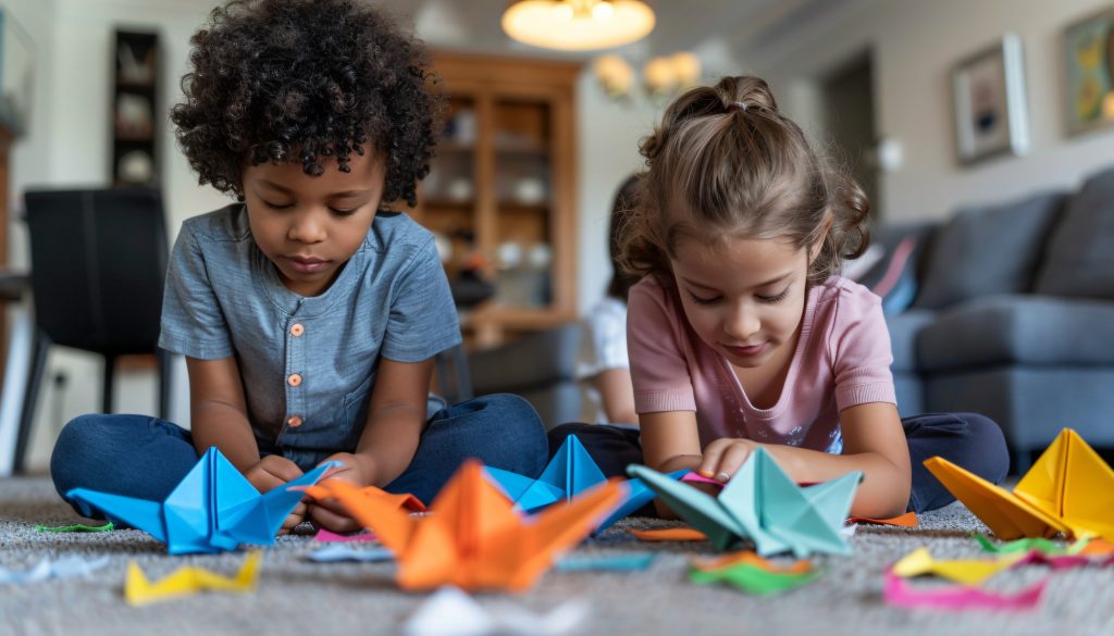 Ein Bild von zwei Kindern beim Origami falten.