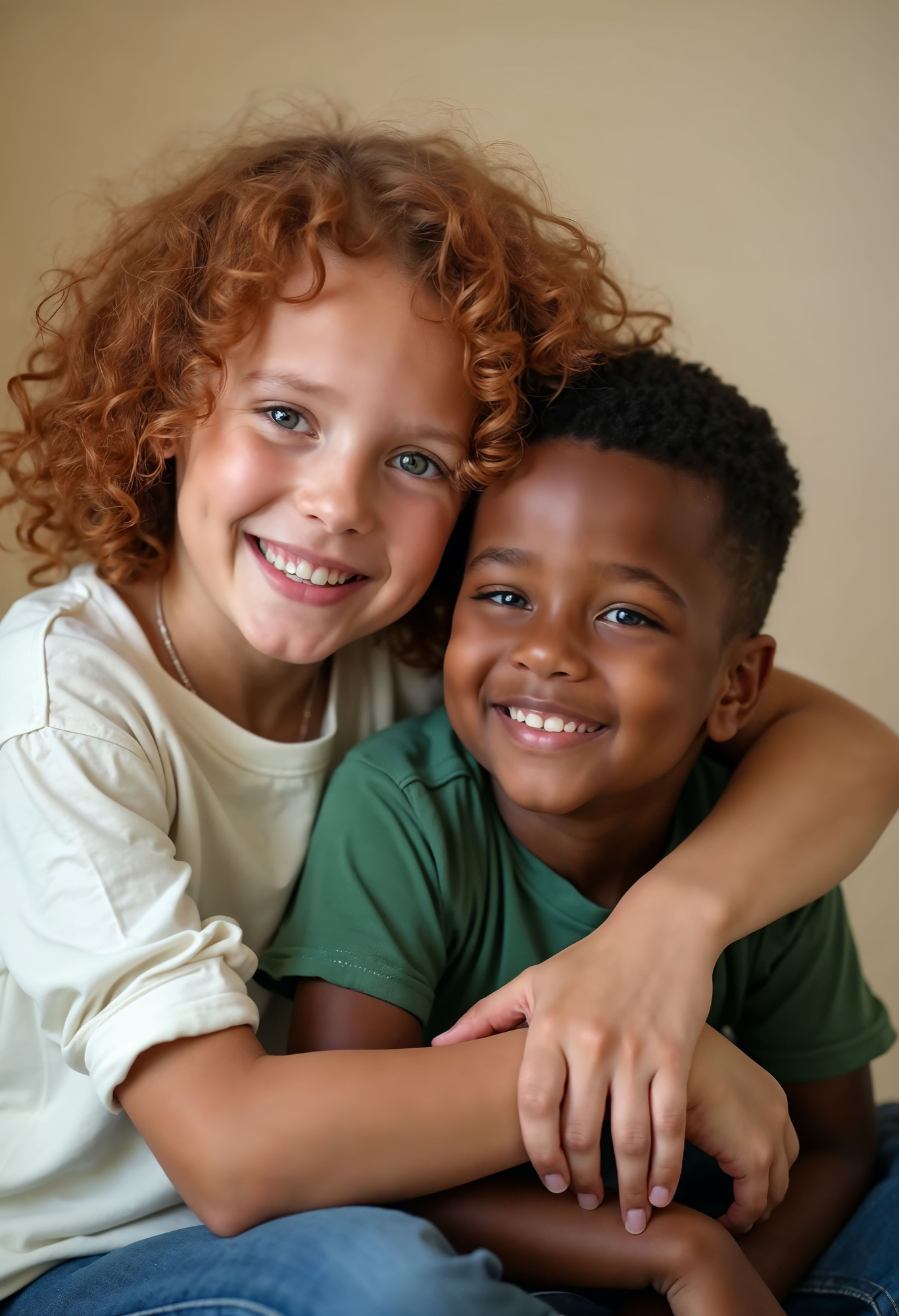 Ein Bild von zwei Kindern, die sich umarmen und dabei in die Kamera lächeln.
