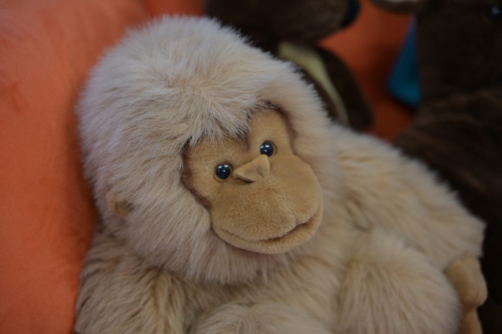 Ein Bild von einem hellbraunen Stofftier Affen.